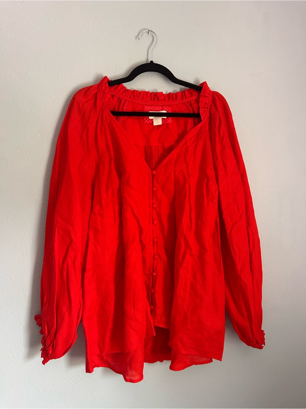 Maeve By Anthropologie Red Linen Button-Front Peasant Blouse